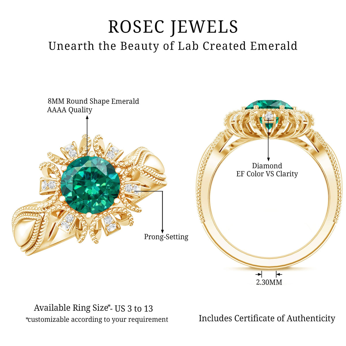 Lab Grown Emerald Vintage Style Flower Engagement Ring With Diamond