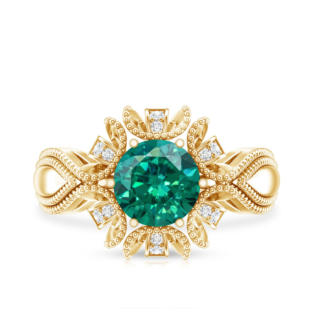 Lab Grown Emerald Vintage Style Flower Engagement Ring With Diamond