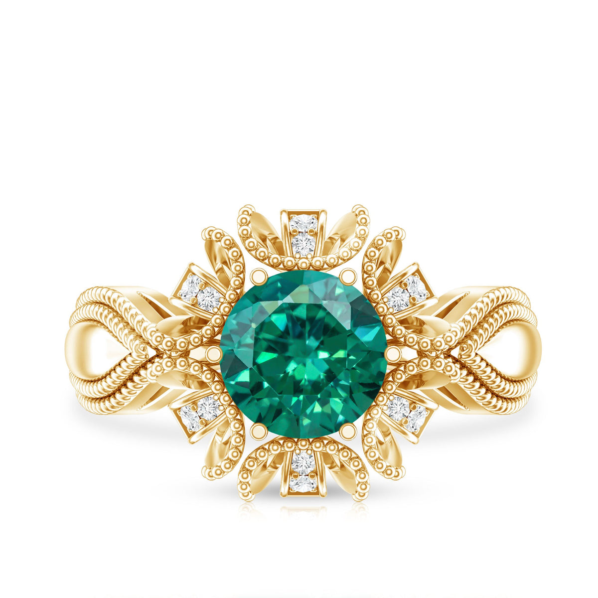 Lab Grown Emerald Vintage Style Flower Engagement Ring With Diamond