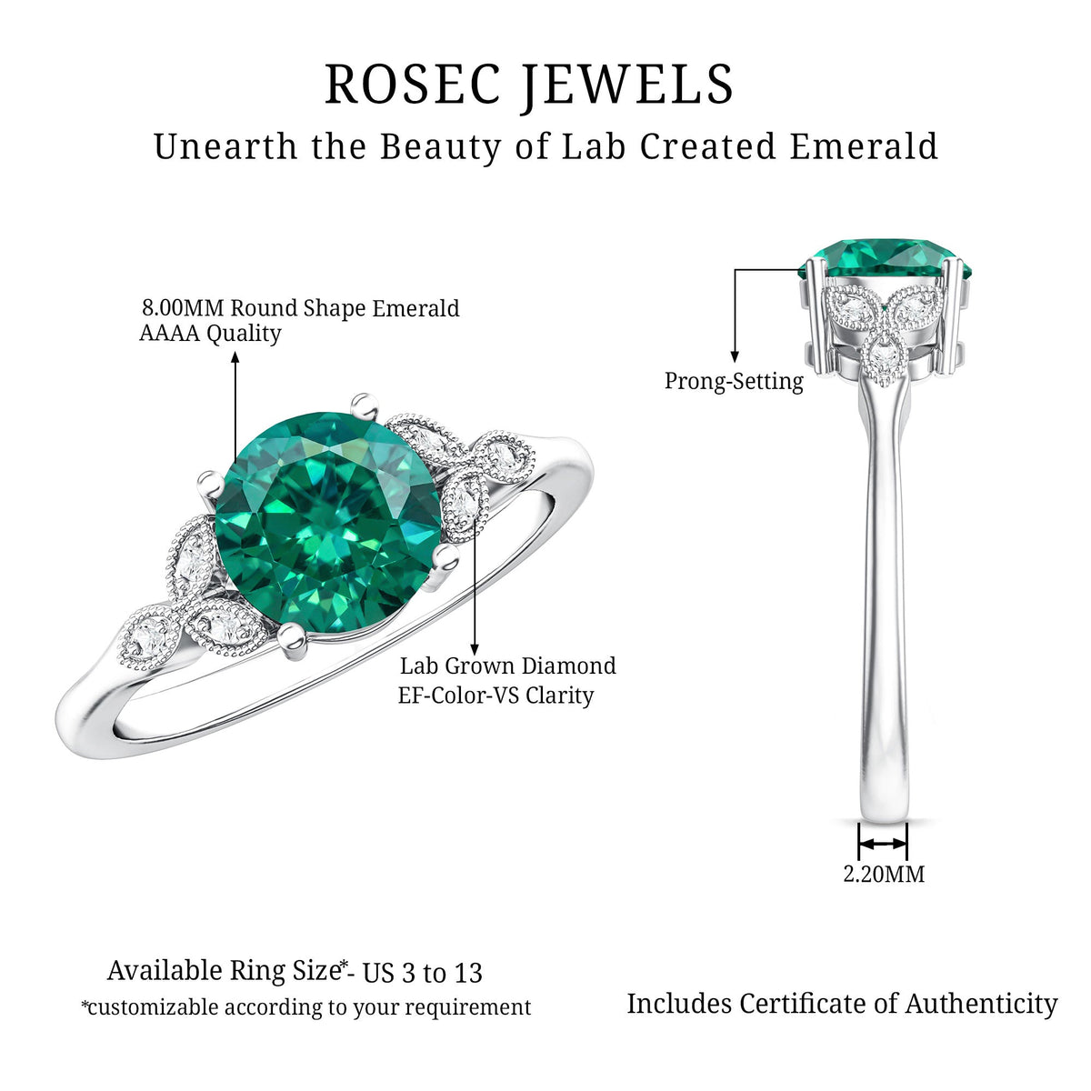 Lab Created Emerald Solitaire Engagement Ring With Diamond