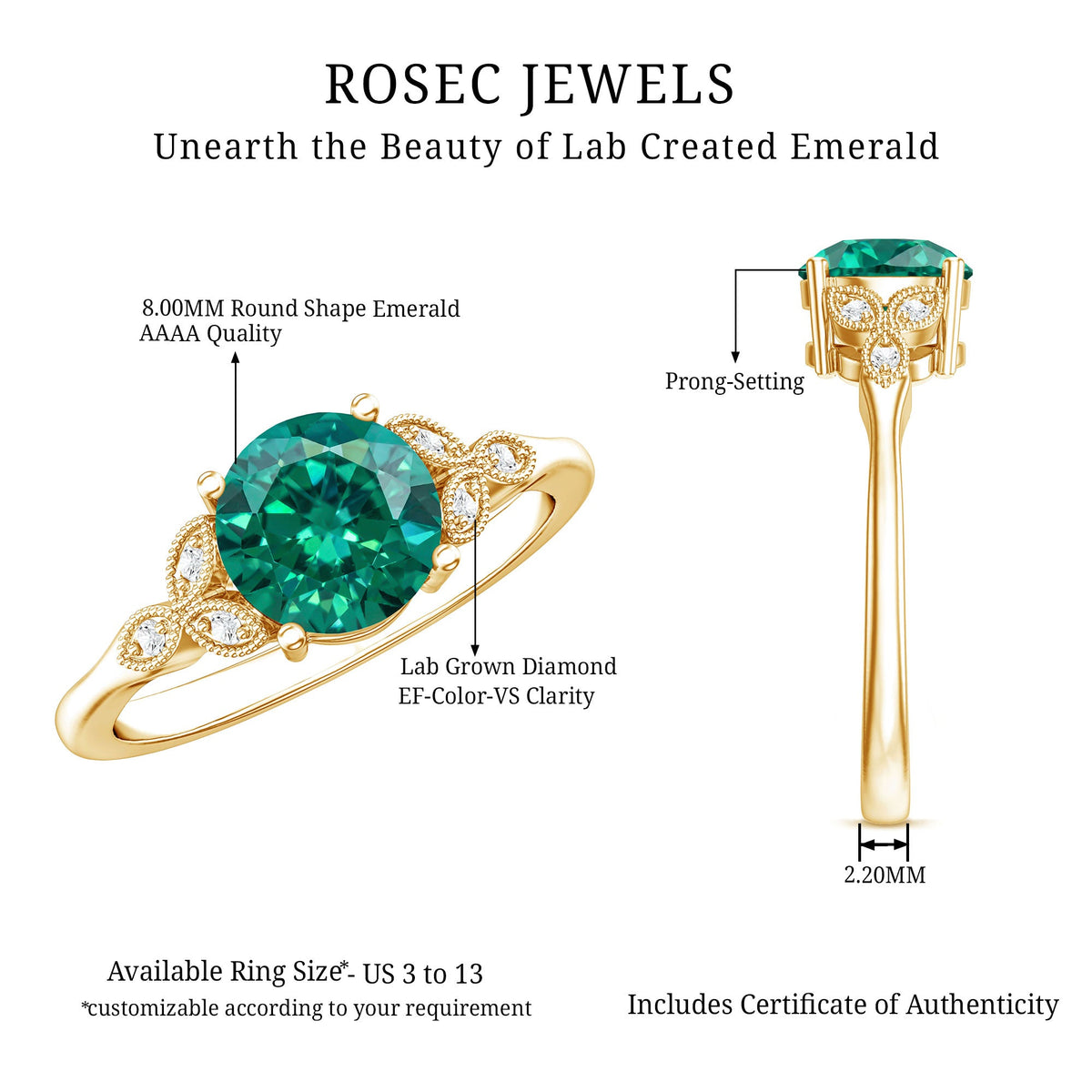 Lab Created Emerald Solitaire Engagement Ring With Diamond