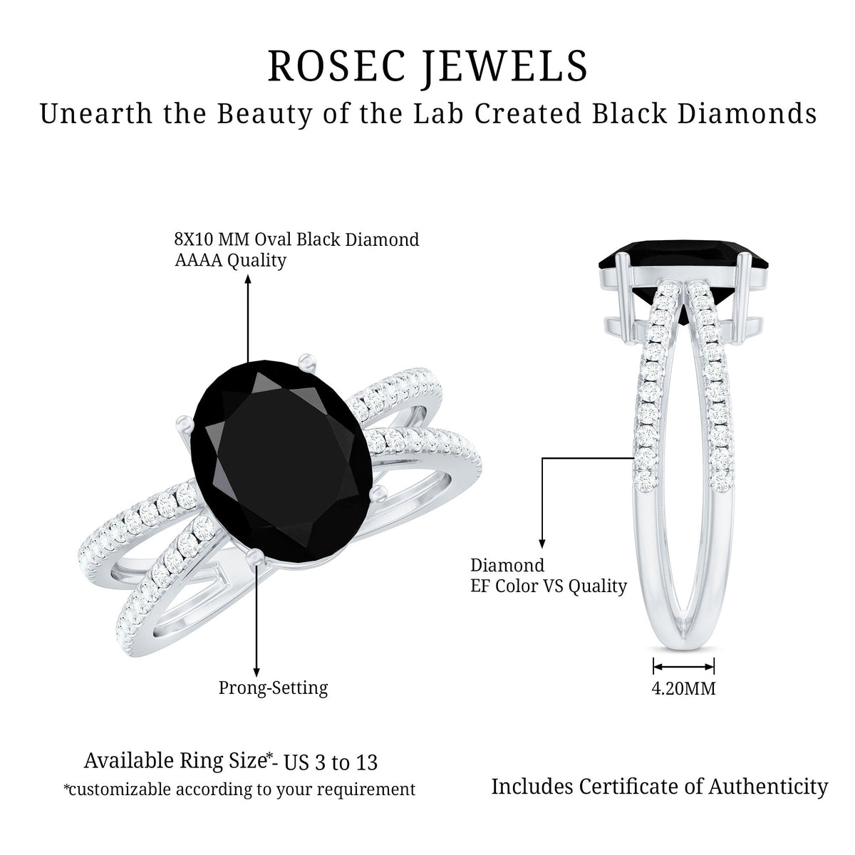 4.2 Carat Lab Grown Black Diamond Split Shank Engagement Ring with White Diamond