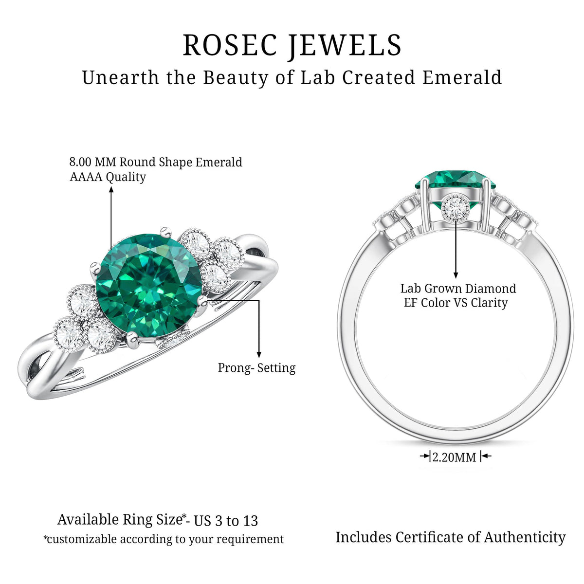 Certified Lab Grown Emerald Trio Engagement Ring with Diamond