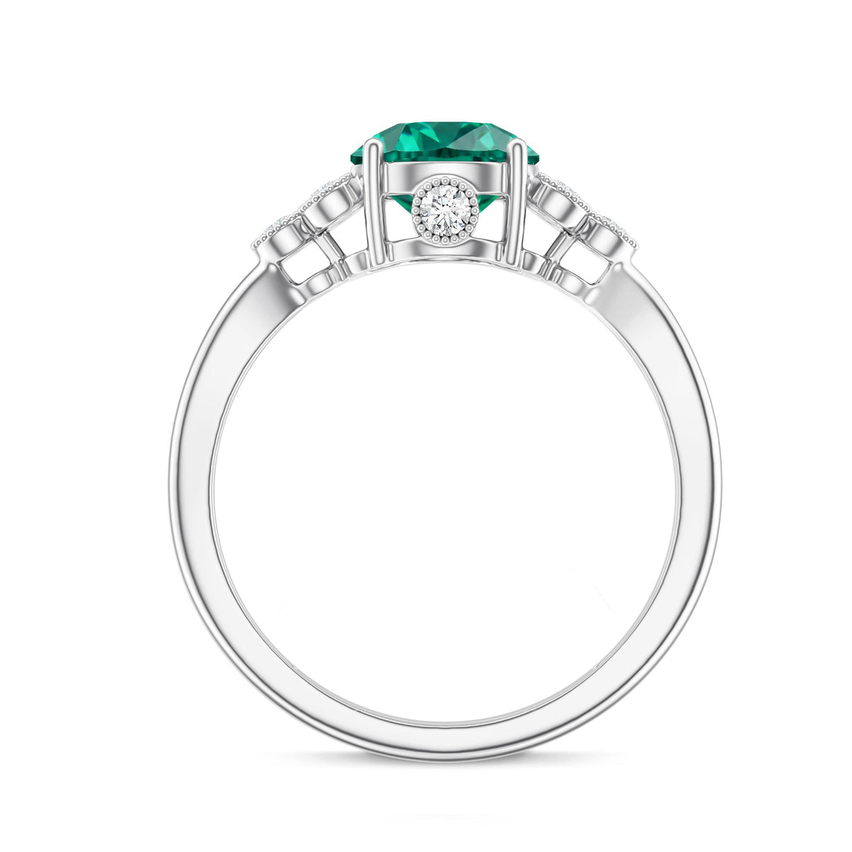 Certified Lab Grown Emerald Trio Engagement Ring with Diamond