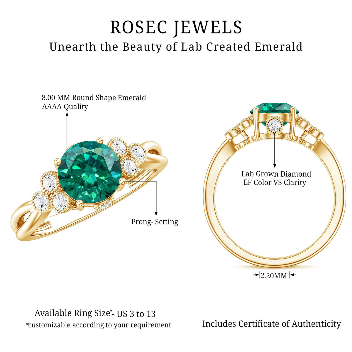 Certified Lab Grown Emerald Trio Engagement Ring with Diamond