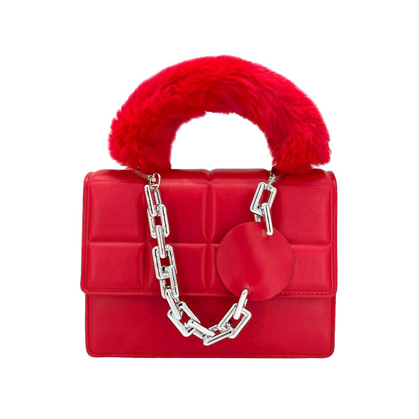 Solid Faux Fur Handle Tote Crossbody Bag