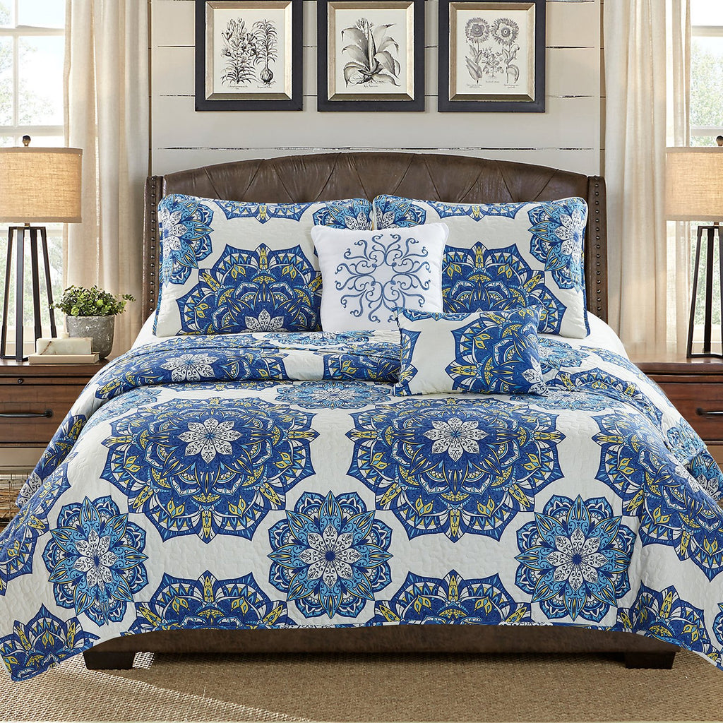 Karina – 5 Piece Quilt Set – Royal Blue Medallion