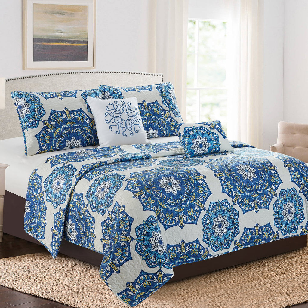 Karina – 5 Piece Quilt Set – Royal Blue Medallion