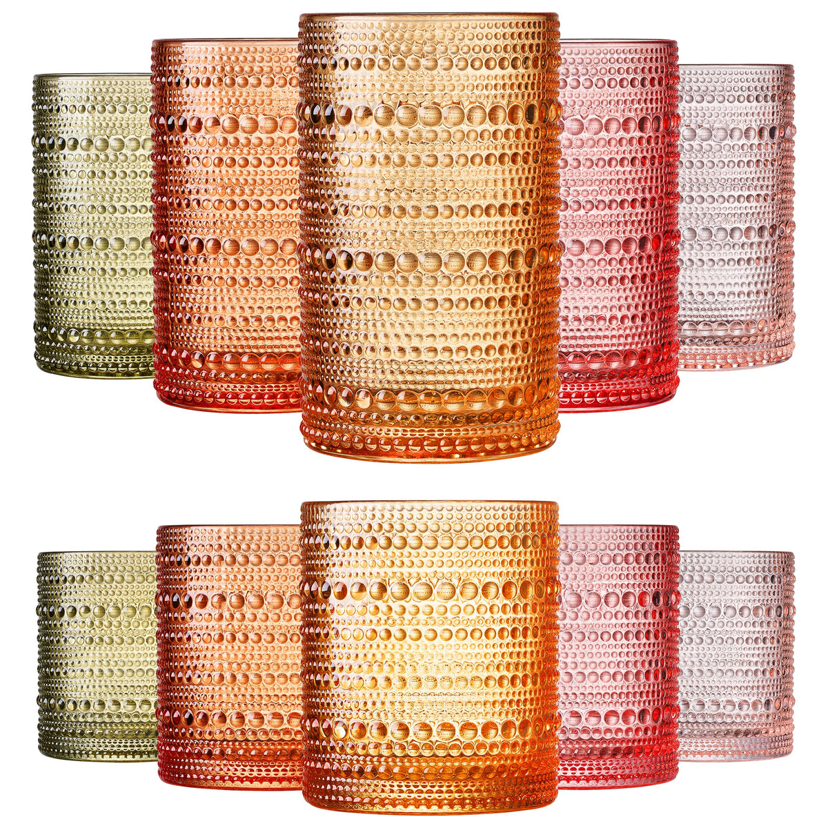 Fortuna Hobnail Lowball & Highball Glassware, Set of 10