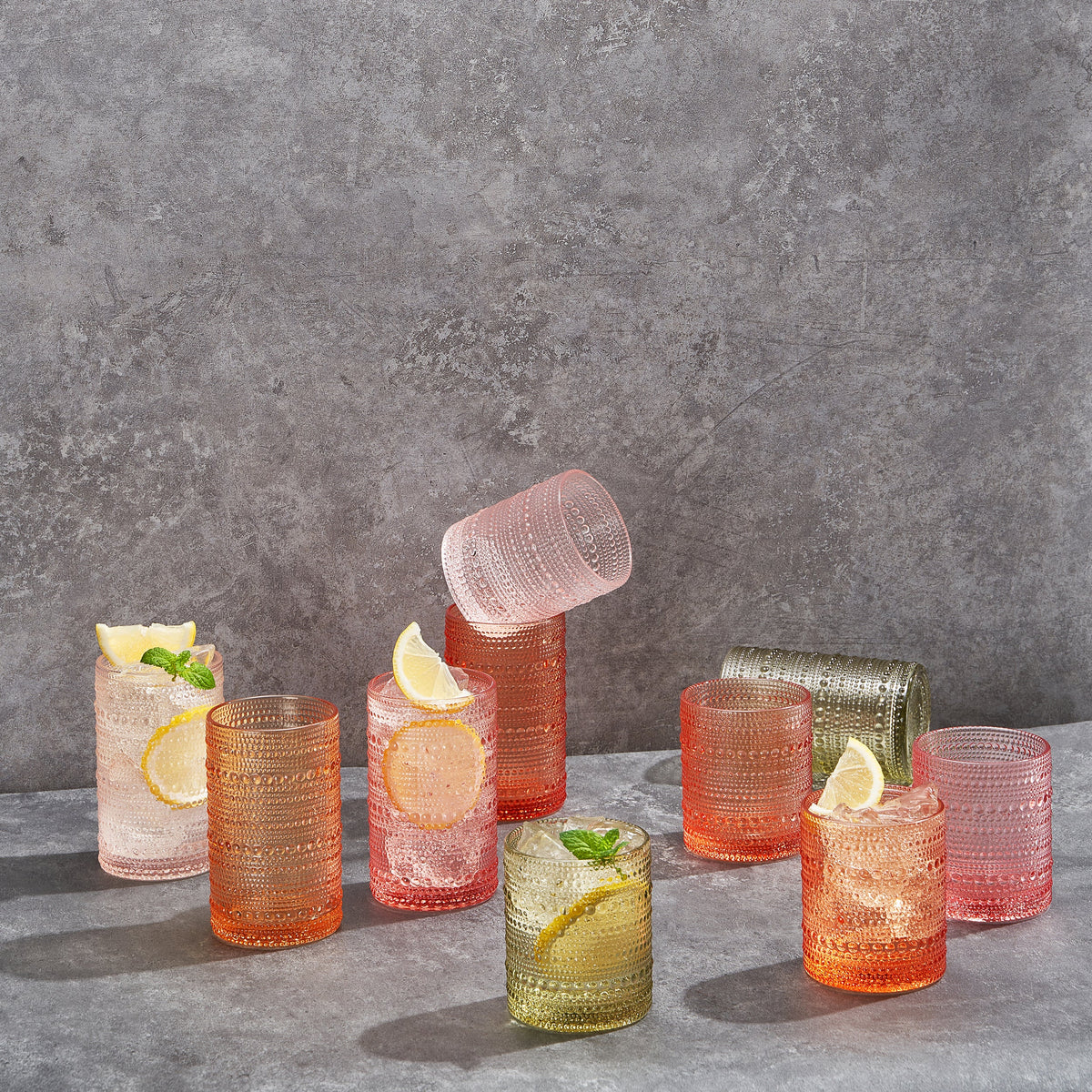 Fortuna Hobnail Lowball & Highball Glassware, Set of 10