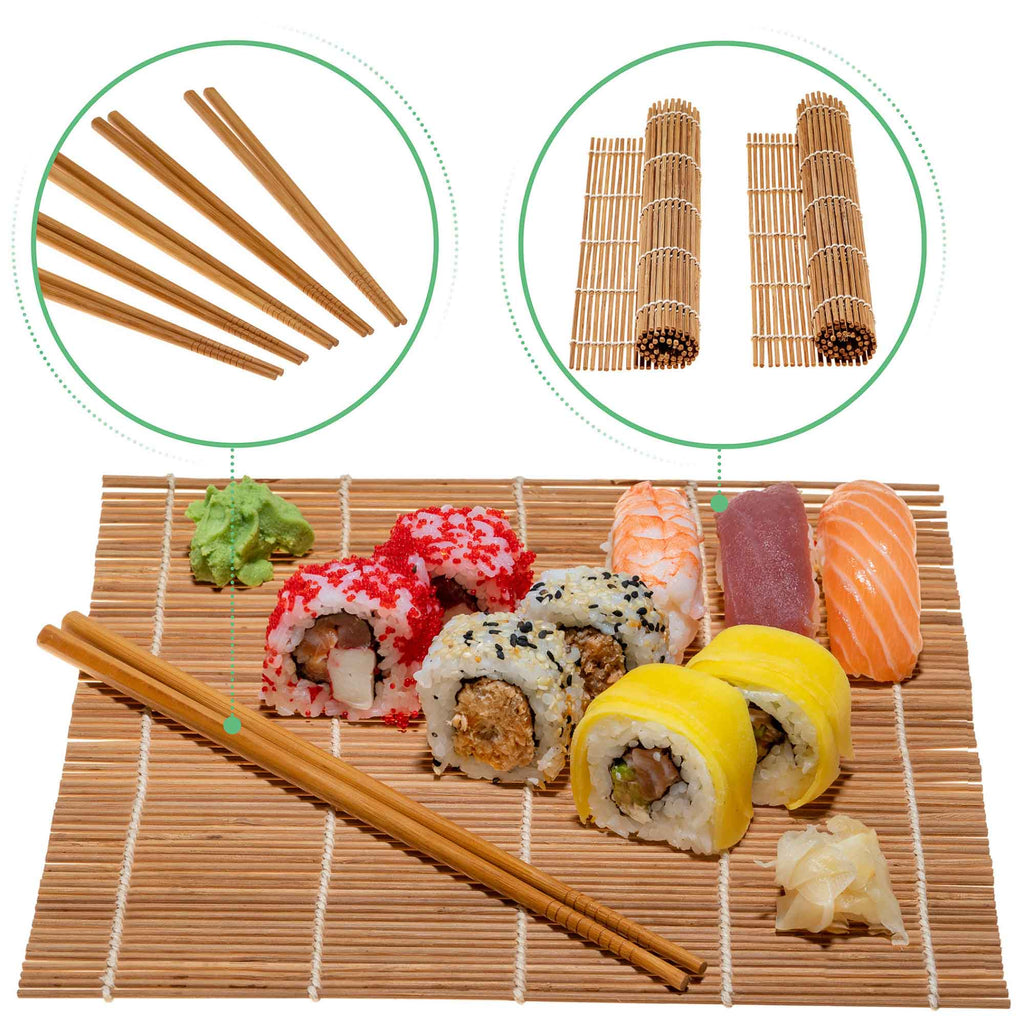 Bamboo Sushi Making Kit with 2 Sushi Rolling Mats, 5 Pairs of Reusable Bamboo Chopsticks, 1 Rice Paddle and 1 Spreader –