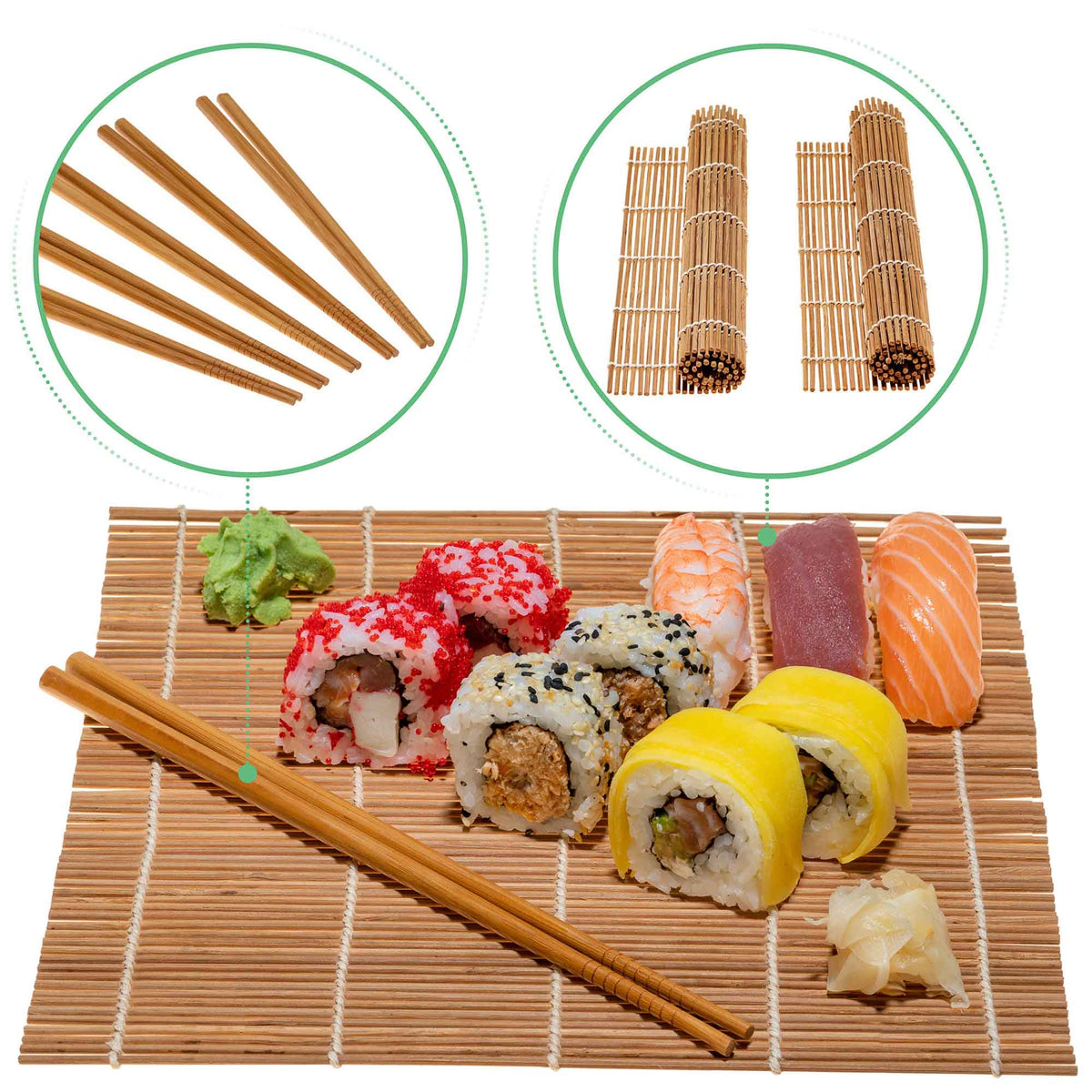 Bamboo Sushi Making Kit with 2 Sushi Rolling Mats, 5 Pairs of Reusable Bamboo Chopsticks, 1 Rice Paddle and 1 Spreader –