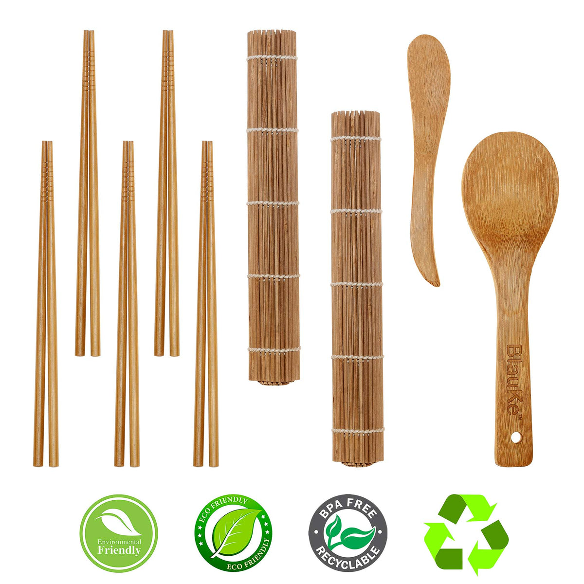 Bamboo Sushi Making Kit with 2 Sushi Rolling Mats, 5 Pairs of Reusable Bamboo Chopsticks, 1 Rice Paddle and 1 Spreader –