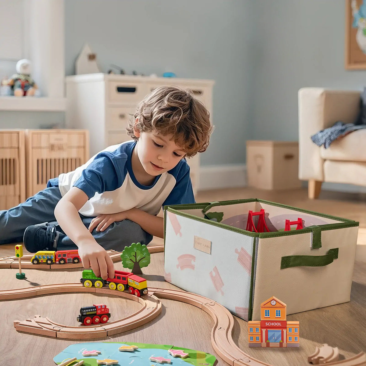 Tiny Land® 110 – Piece Wooden Train Set with Folding Storage Box