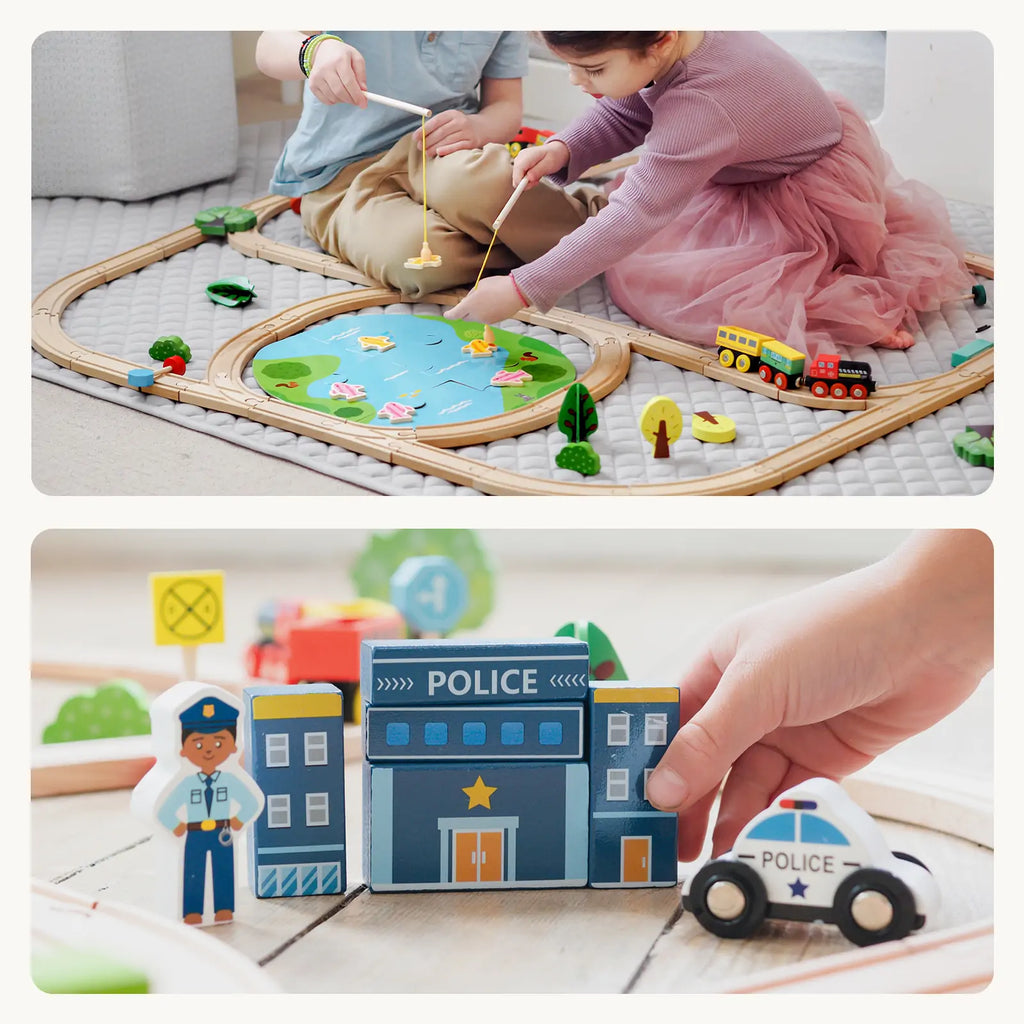 Tiny Land® 110 – Piece Wooden Train Set with Folding Storage Box