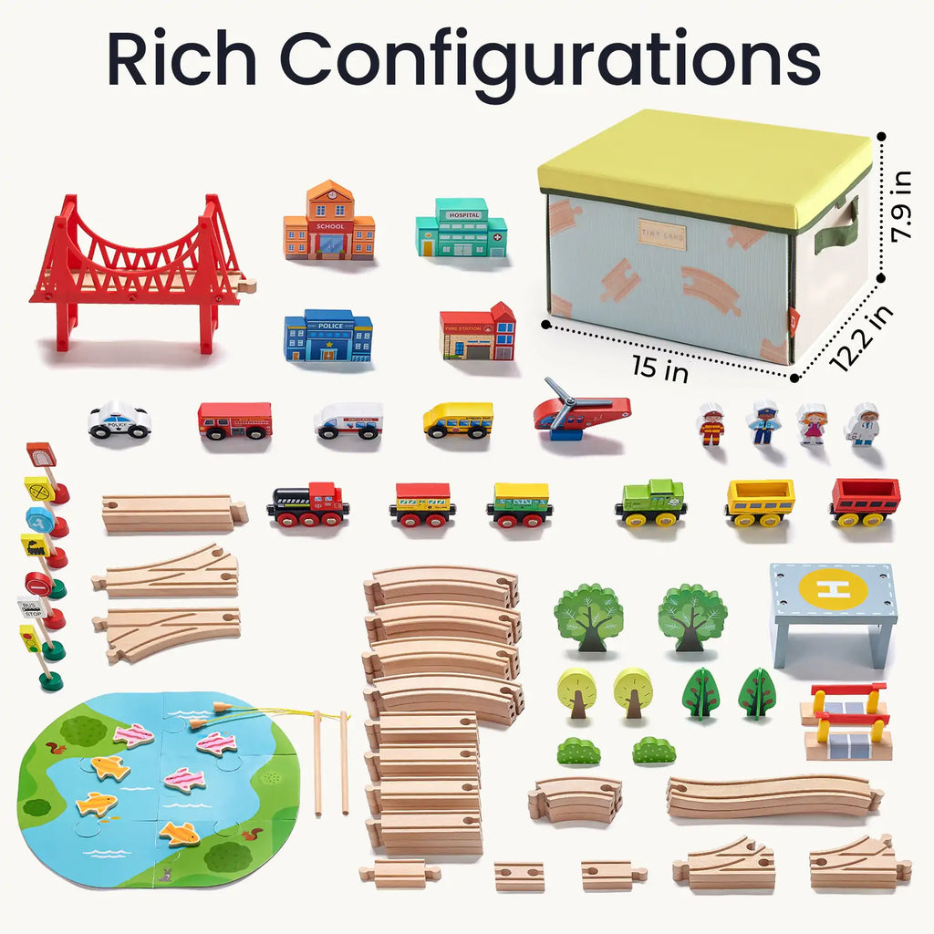 Tiny Land® 110 – Piece Wooden Train Set with Folding Storage Box