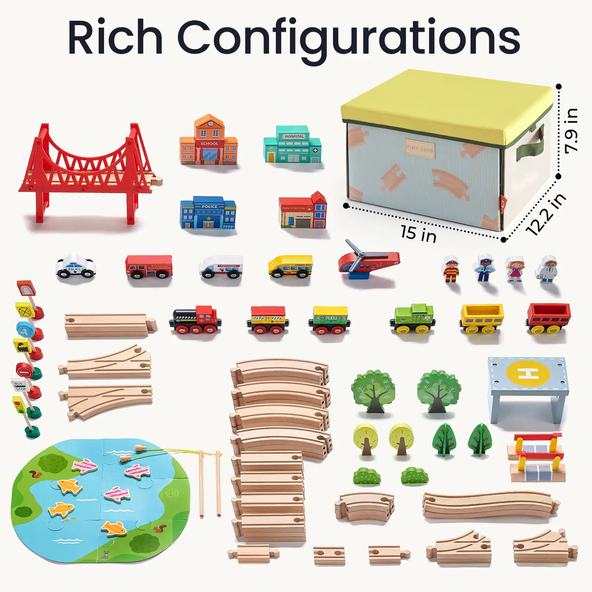 Tiny Land® 110 – Piece Wooden Train Set with Folding Storage Box