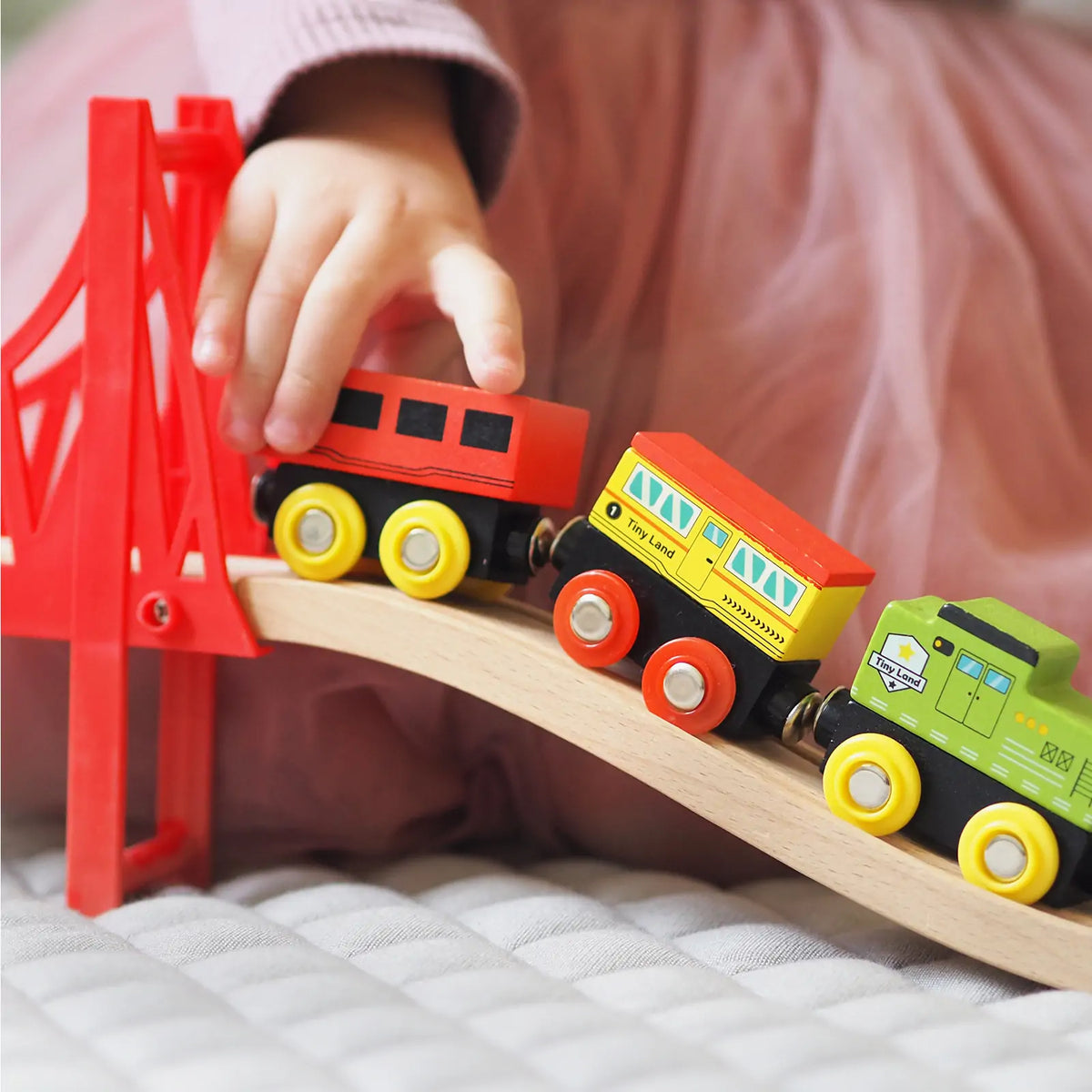 Tiny Land® 110 – Piece Wooden Train Set with Folding Storage Box