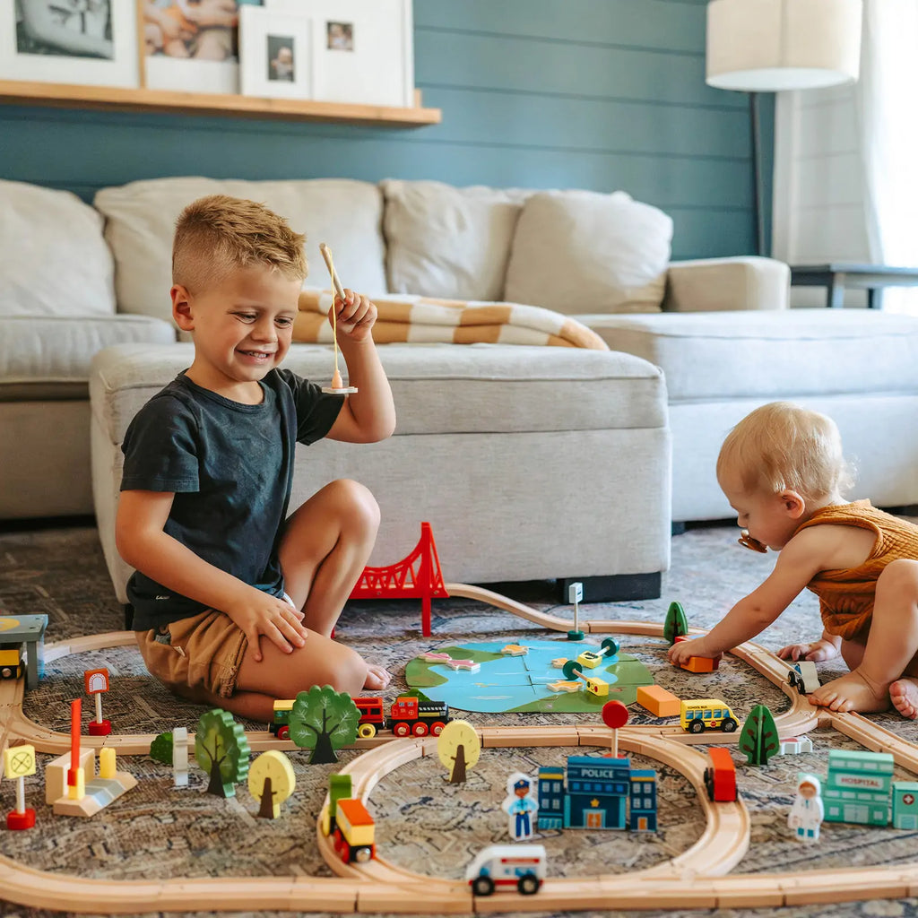 Tiny Land® 110 – Piece Wooden Train Set with Folding Storage Box
