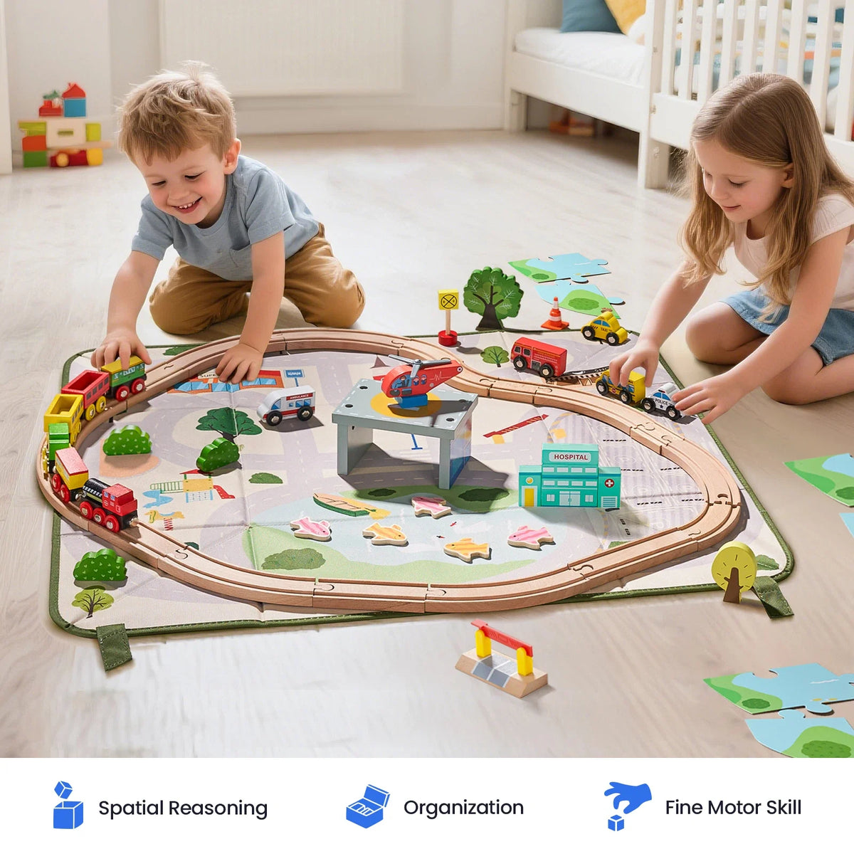 Tiny Land® 110 – Piece Wooden Train Set with Folding Storage Box
