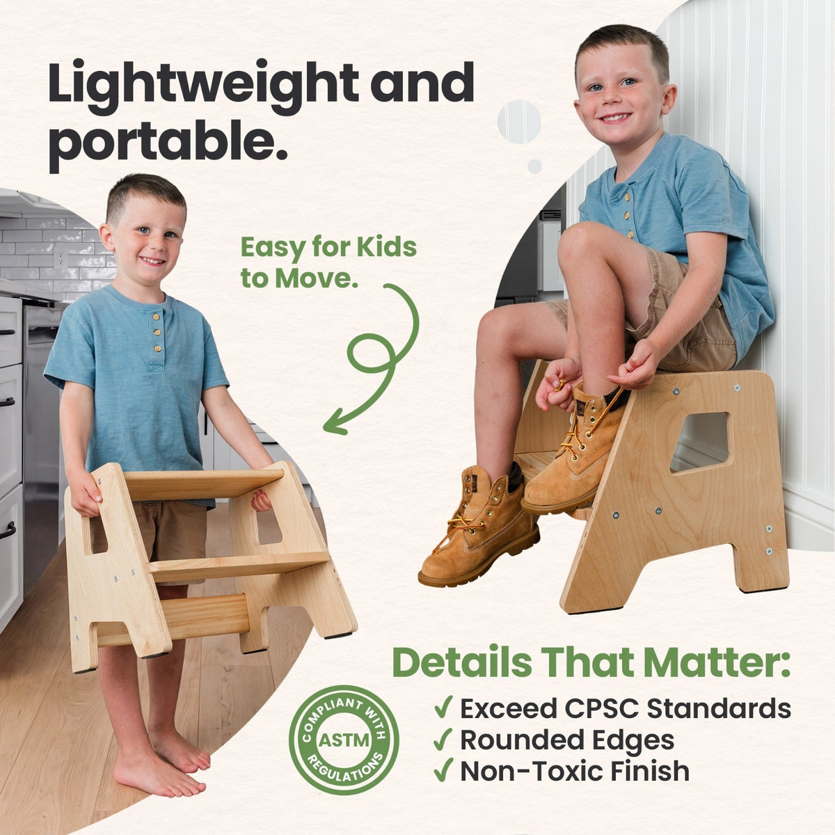 2 – Step Wooden Stool for Toddlers(Step Stool for Children Ages 2+)