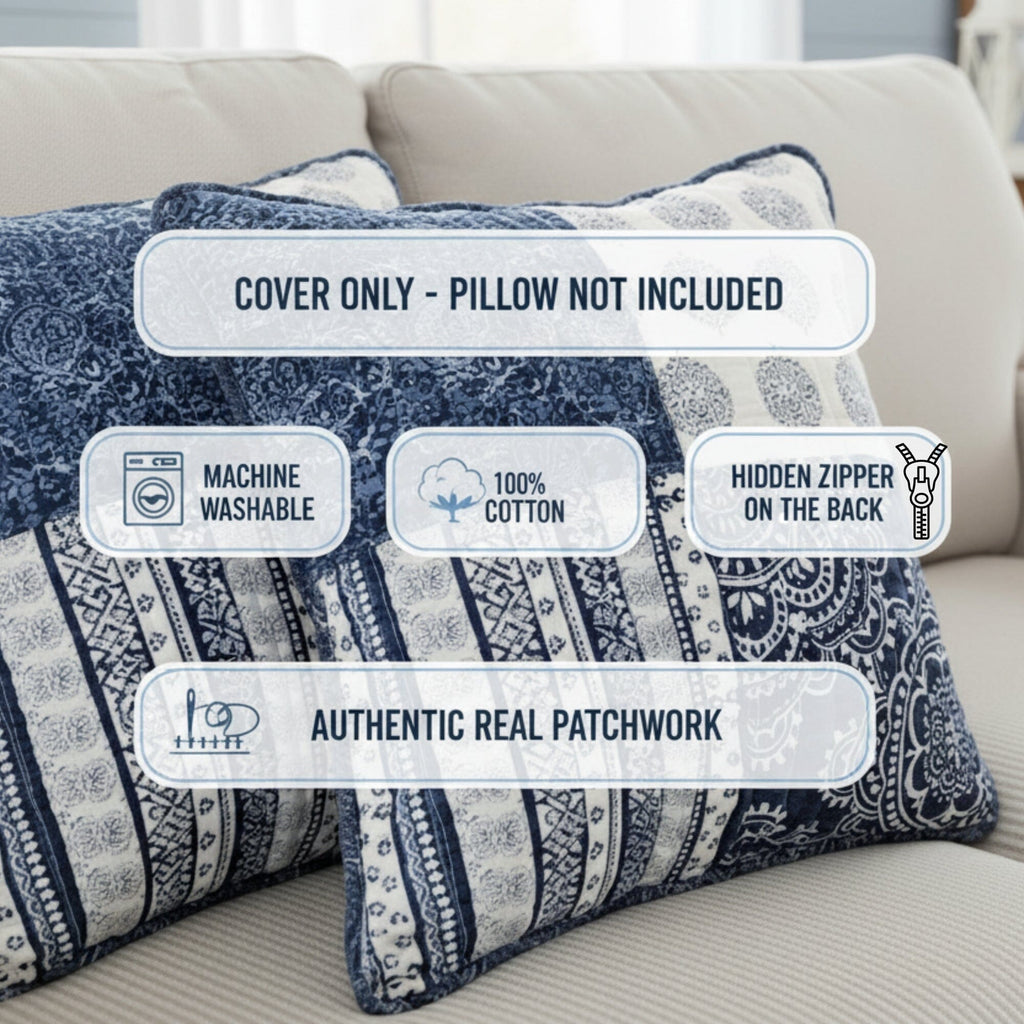 DaDa Bedding Set of 2 – Pieces Bohemian Denim Blue Elegance Throw Pillow Covers – 18” x 18" (JHW660)