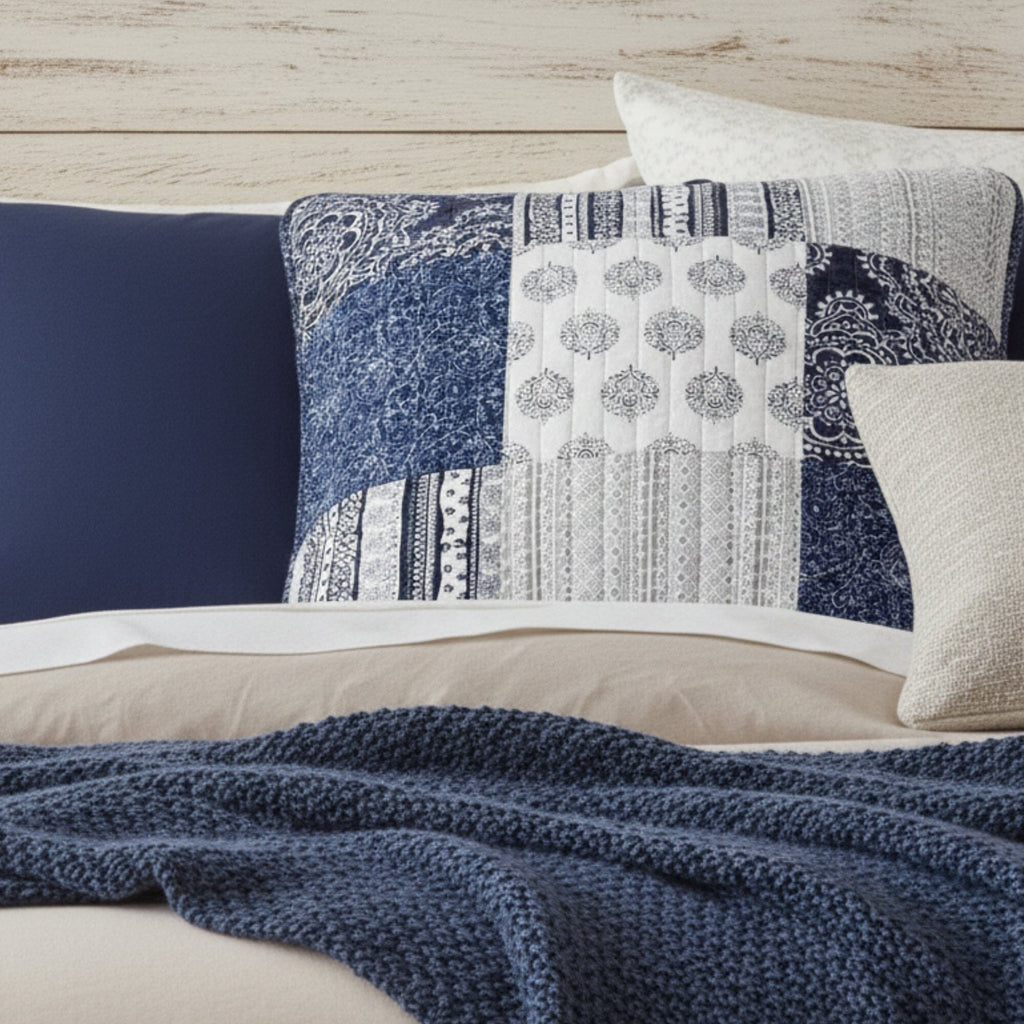 DaDa Bedding Patchwork Denim Blue Elegance Bohemian Euro Sham – 26” x 26" – 1PC (JHW660)