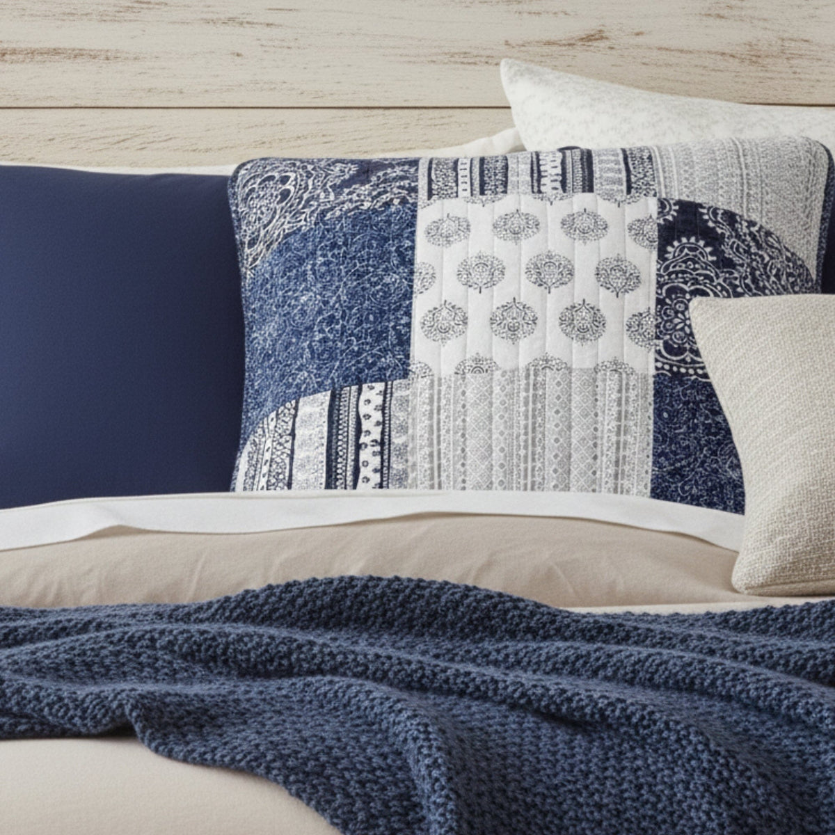 DaDa Bedding Patchwork Denim Blue Elegance Bohemian Euro Sham – 26” x 26" – 1PC (JHW660)