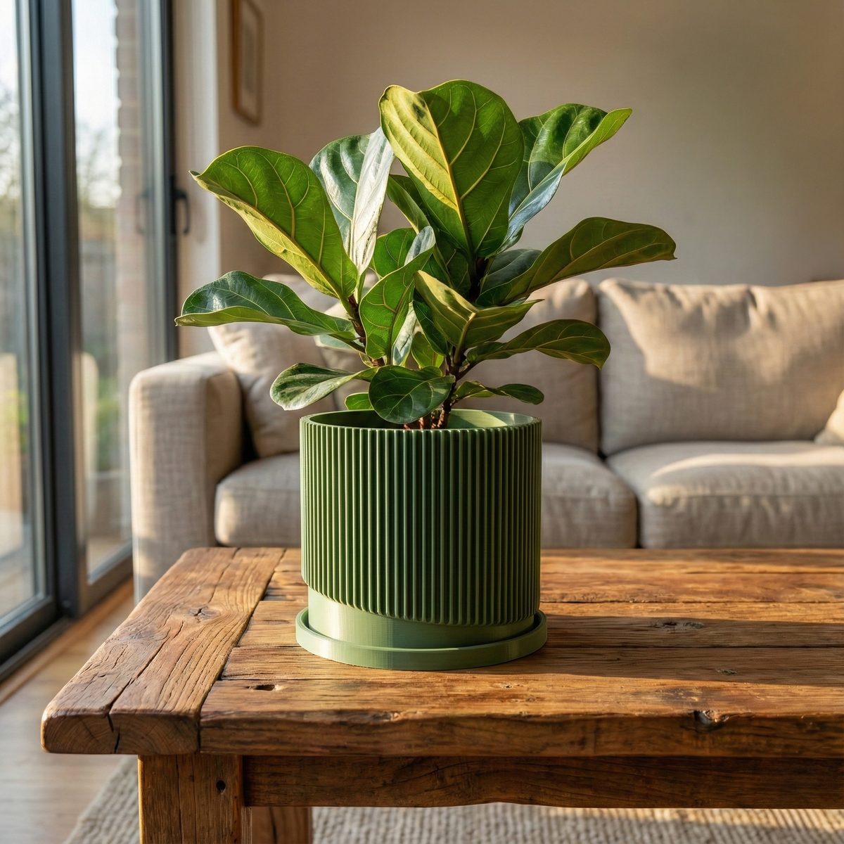 Mid – Century Ribbed Planter with Drainage and Saucer in Multiple Colors, 3D Printed Planter with Unique Modern Design,
