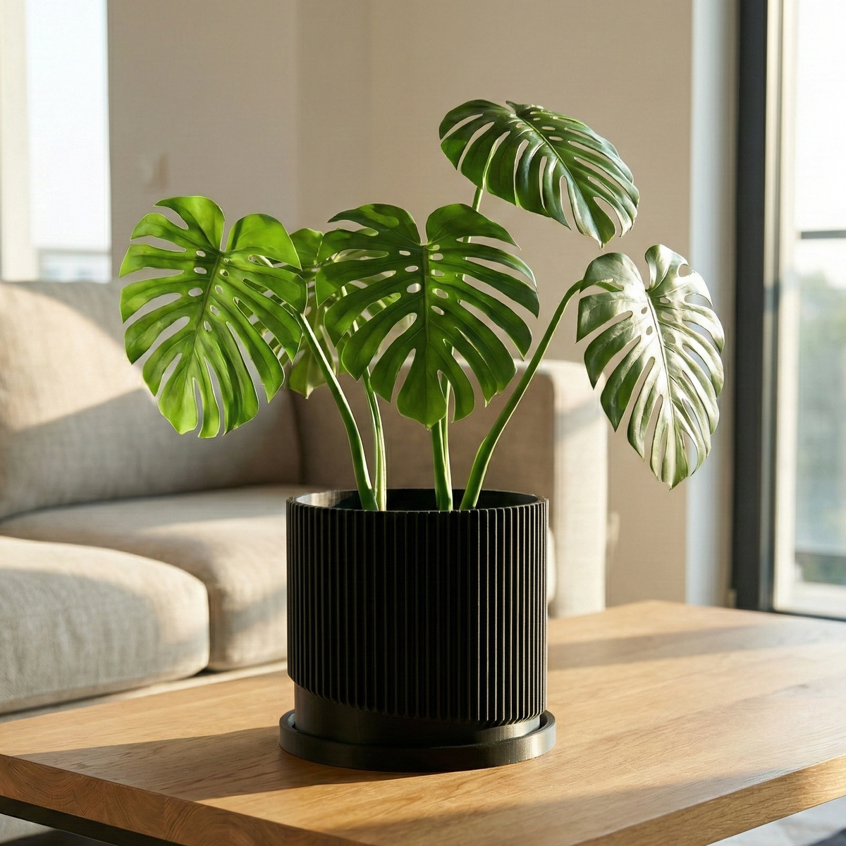 Mid – Century Ribbed Planter with Drainage and Saucer in Multiple Colors, 3D Printed Planter with Unique Modern Design,