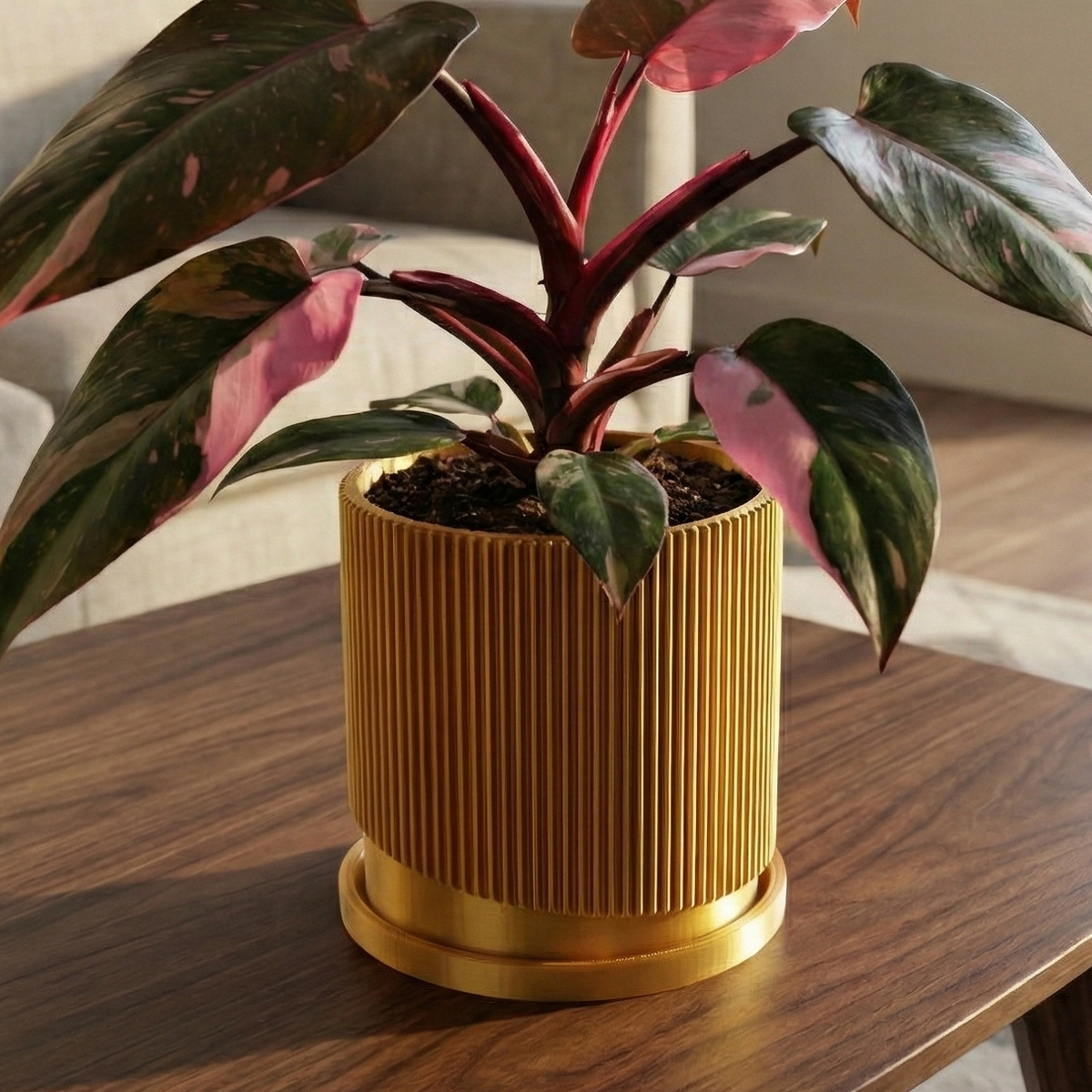Mid – Century Ribbed Planter with Drainage and Saucer in Multiple Colors, 3D Printed Planter with Unique Modern Design,