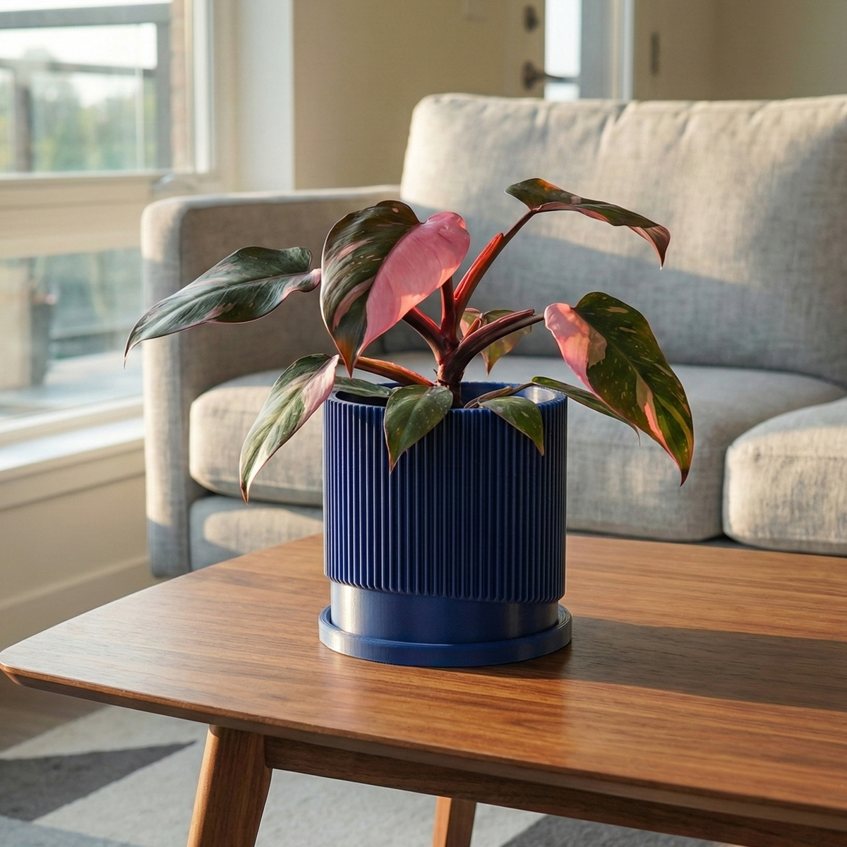 Mid – Century Ribbed Planter with Drainage and Saucer in Multiple Colors, 3D Printed Planter with Unique Modern Design,