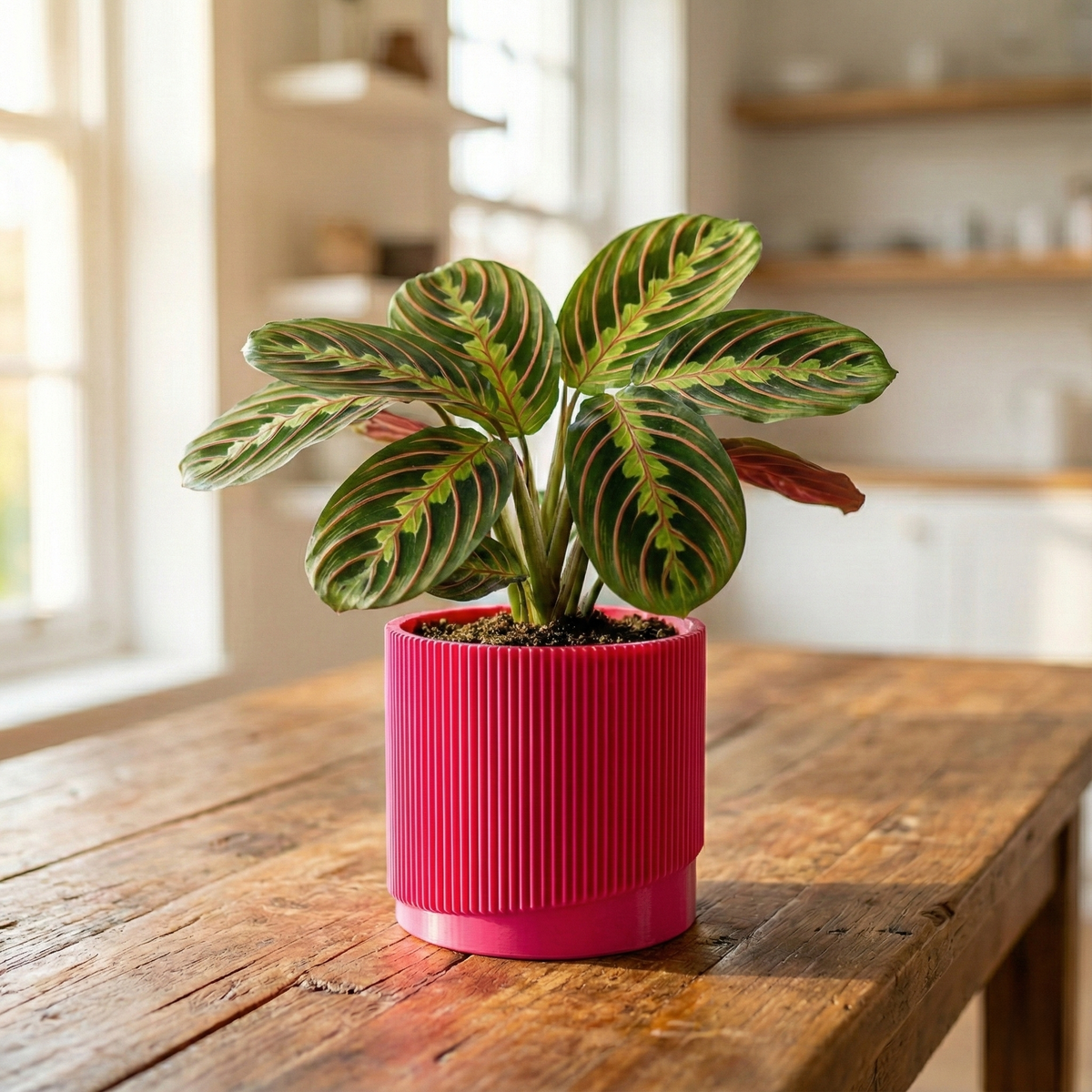 Mid – Century Ribbed Planter with Drainage and Saucer in Multiple Colors, 3D Printed Planter with Unique Modern Design,