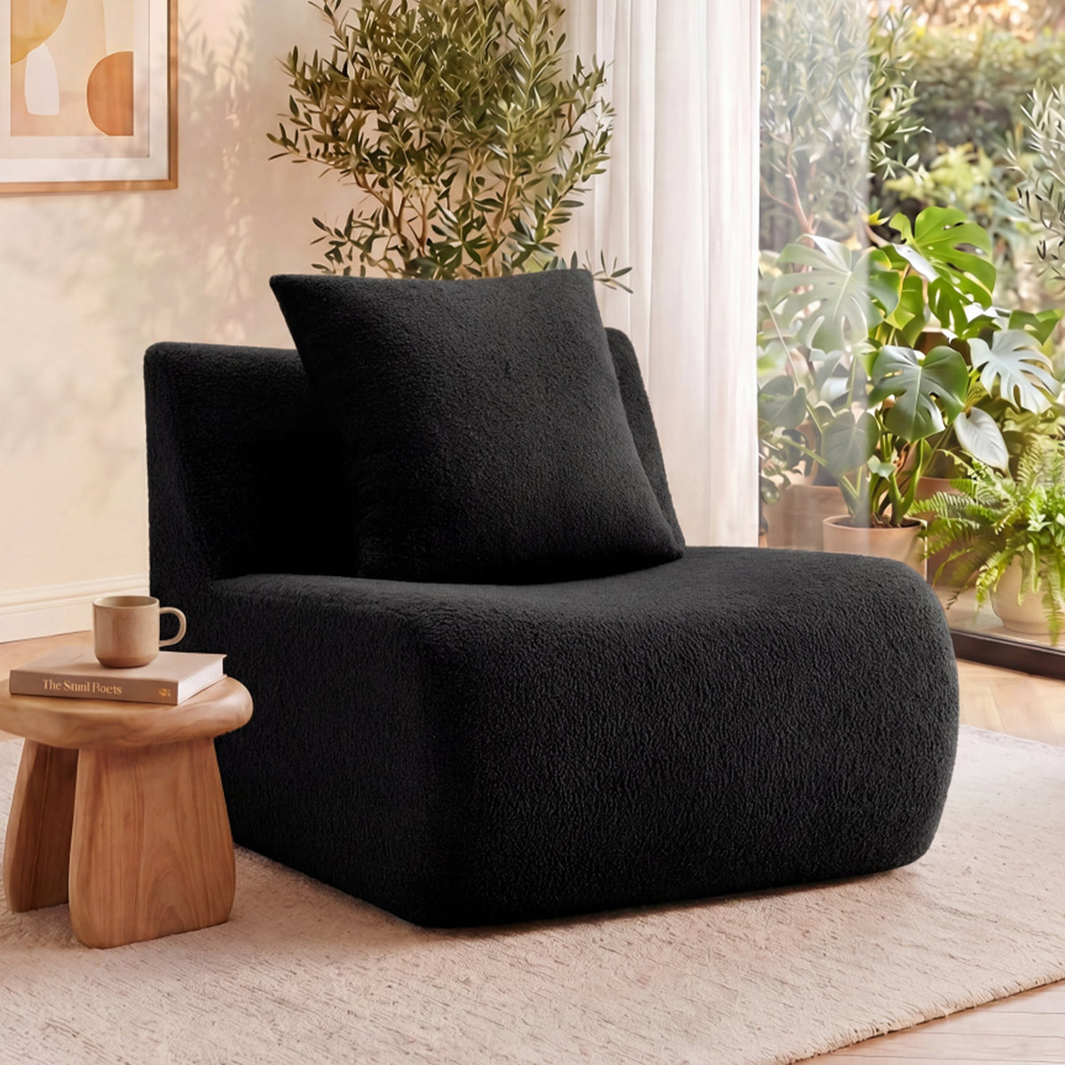 Armless Sofa With Pillow – Teddy Fabric in Black