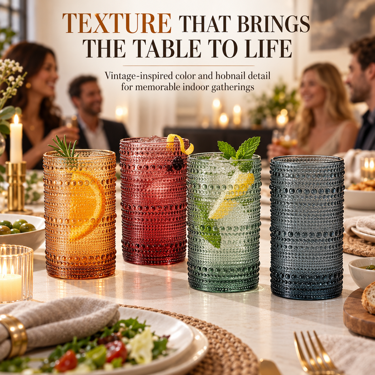 Tonal Hobnail Highball Glassware, Set of 4