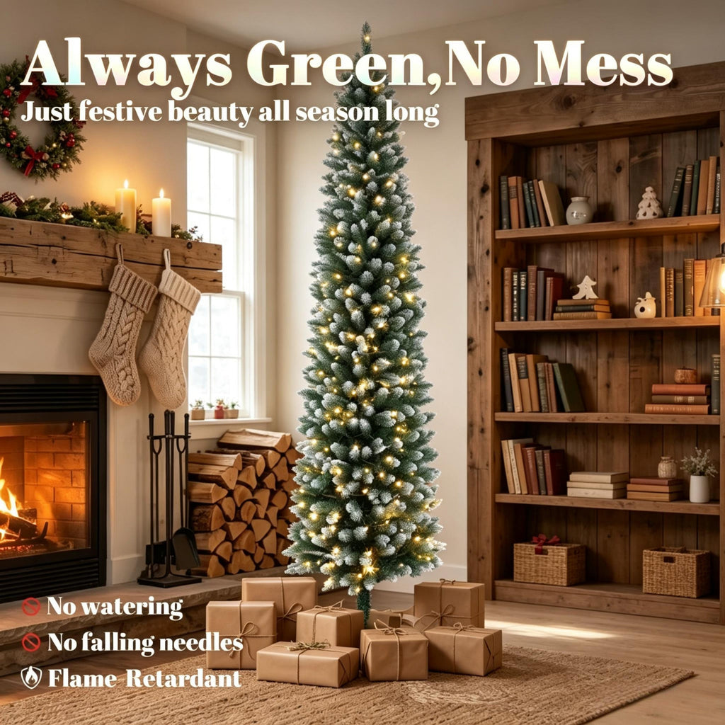8ft Flocked Pencil Prelit Christmas Tree, Dual – Color