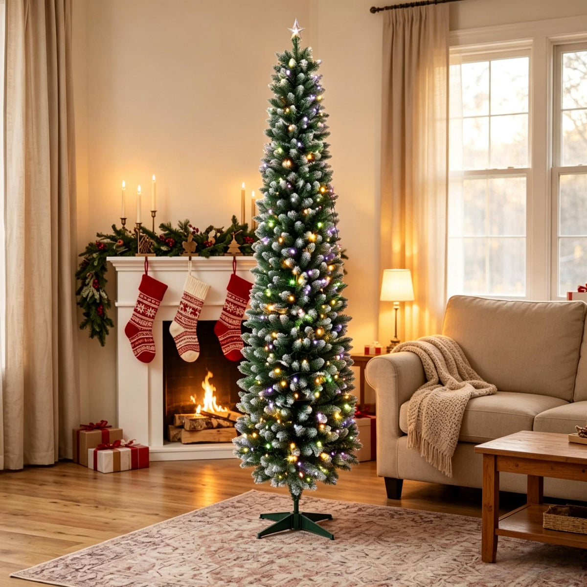 7ft Flocked Pencil Prelit Christmas Tree, Dual – Color