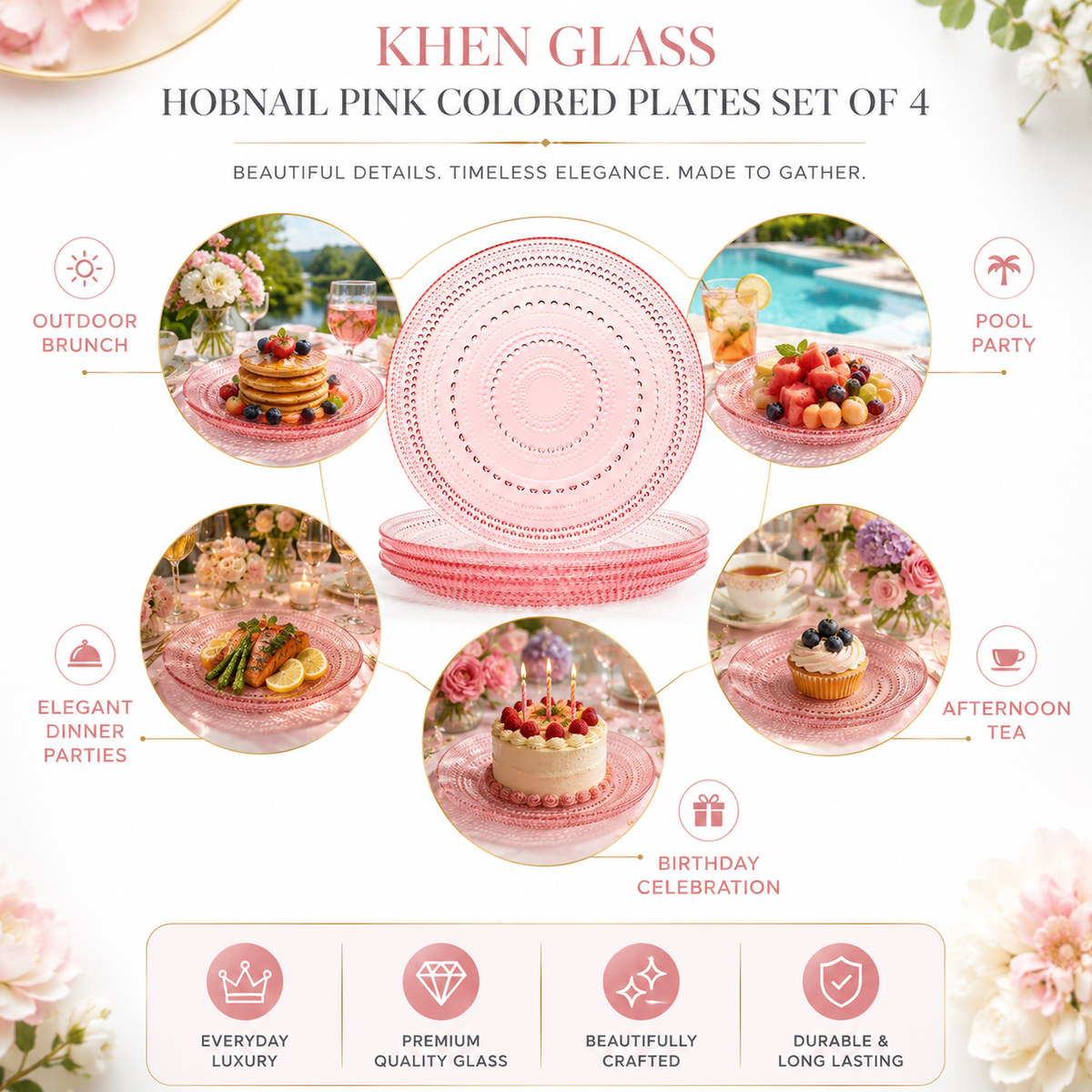 Blush Pink Hobnail Glass Dinner Plates, Set of 4, 10.6 – Inch