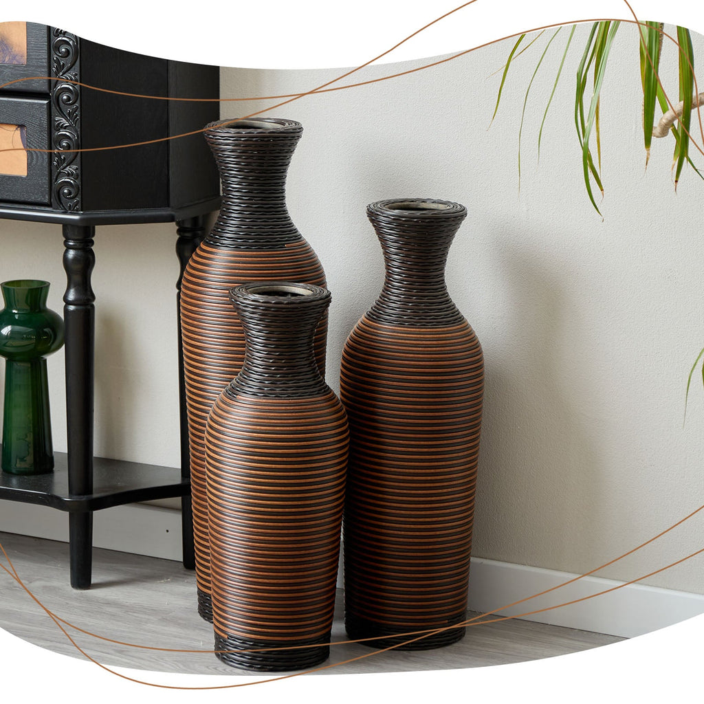 Hand – Woven PVC Rattan Vases, Set of 3