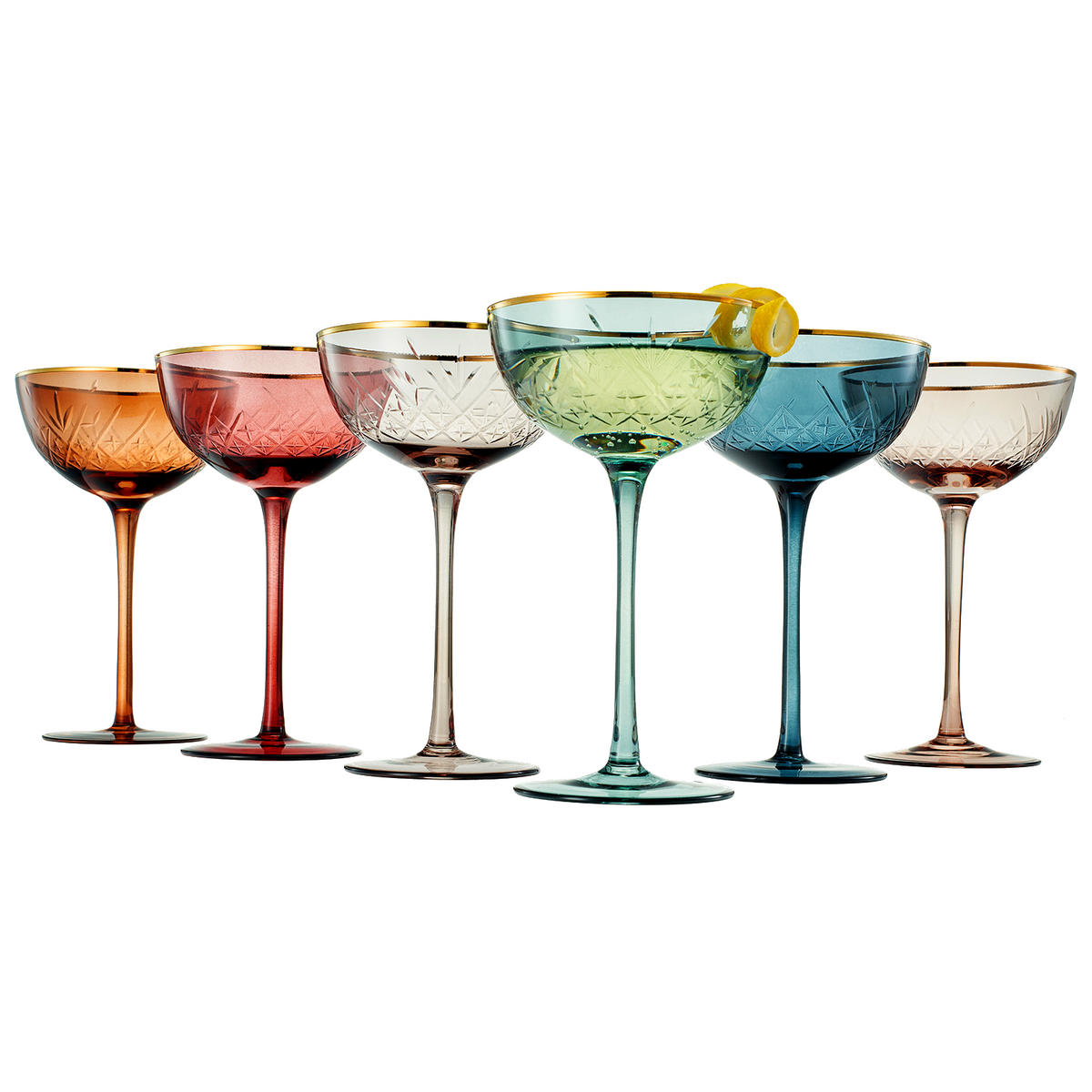 Tonal Gold Rim Champagne Coupe, Cocktail Glassware, Set of 6