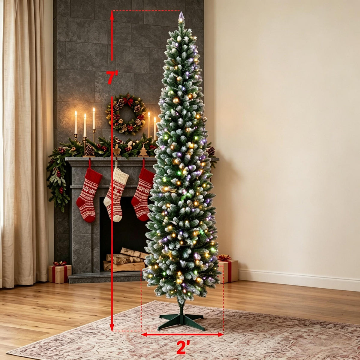 7ft Flocked Pencil Prelit Christmas Tree, Dual – Color