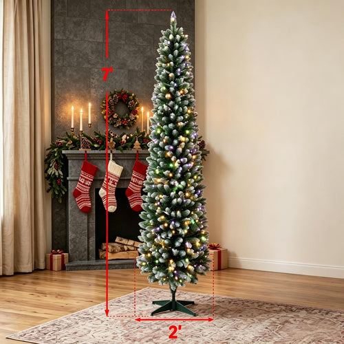 7ft Flocked Pencil Prelit Christmas Tree, Dual – Color