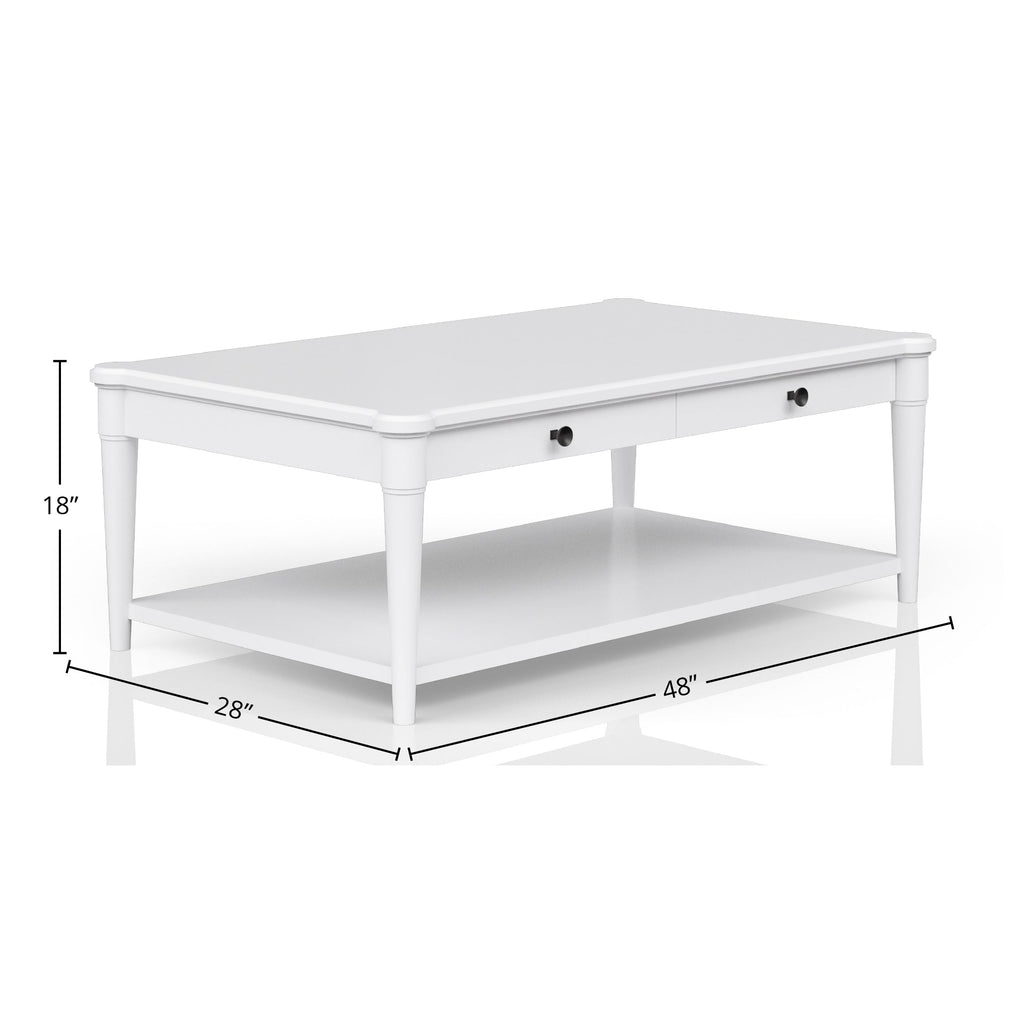White Finished Cocktail Table With Two Storage Drawers and Casters