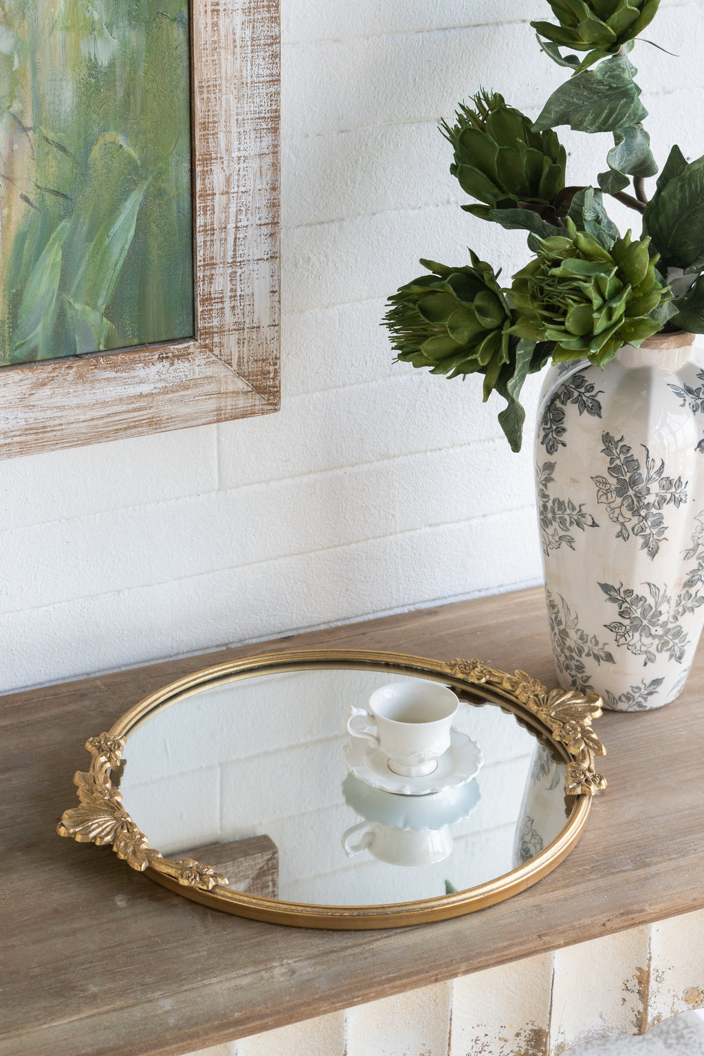 Gold-Framed Round Mirror Tray