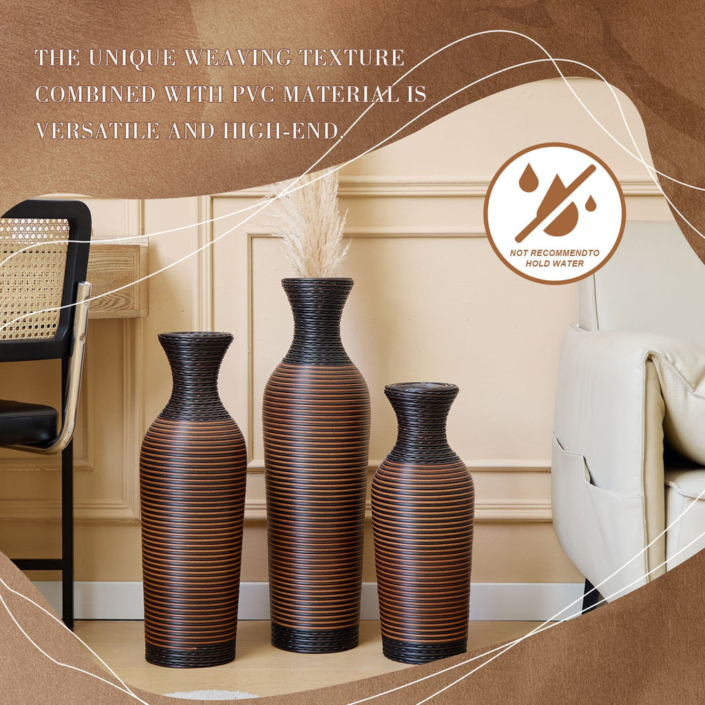 Hand – Woven PVC Rattan Vases, Set of 3