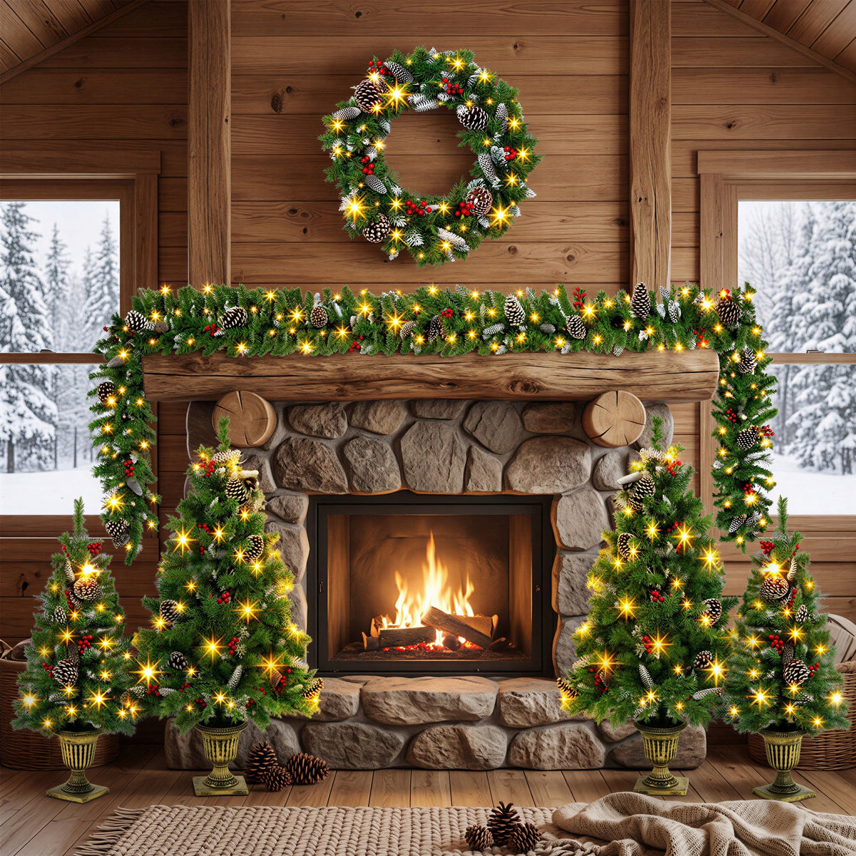 6 – Piece Christmas Tree Set – 4 Trees, Wreath, and Garland