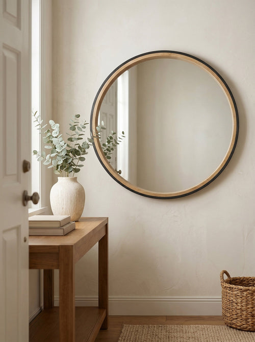 Two – Tone Black & Natural Wood Round Wall Mirror, 31.3 in
