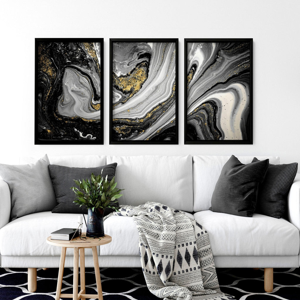 Black & Gold Wall Decor – Set of 3 Abstract Prints