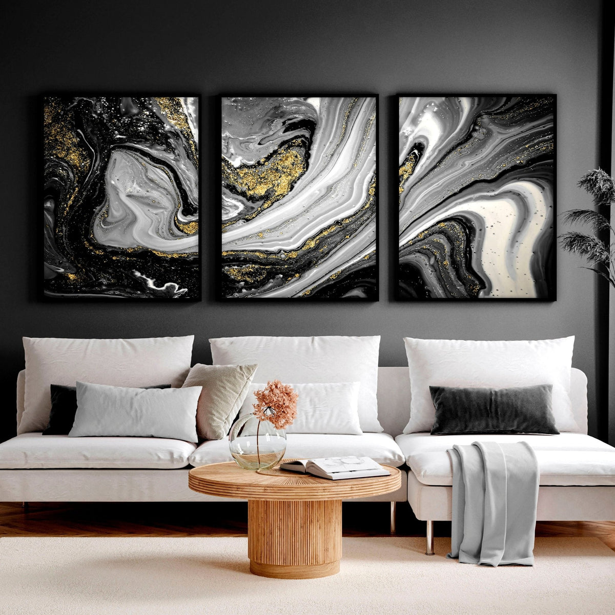 Black & Gold Wall Decor – Set of 3 Abstract Prints