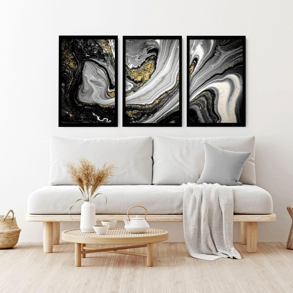 Black & Gold Wall Decor – Set of 3 Abstract Prints